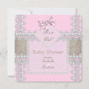 Invitación Chica Baby Shower Pink Pearl Bow Lace Polka Dots