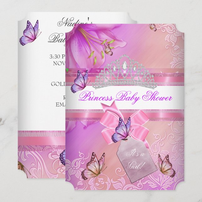 Invitación Chica Baby Shower Pink Purple Princesa Mariposa 3 (Anverso / Reverso)