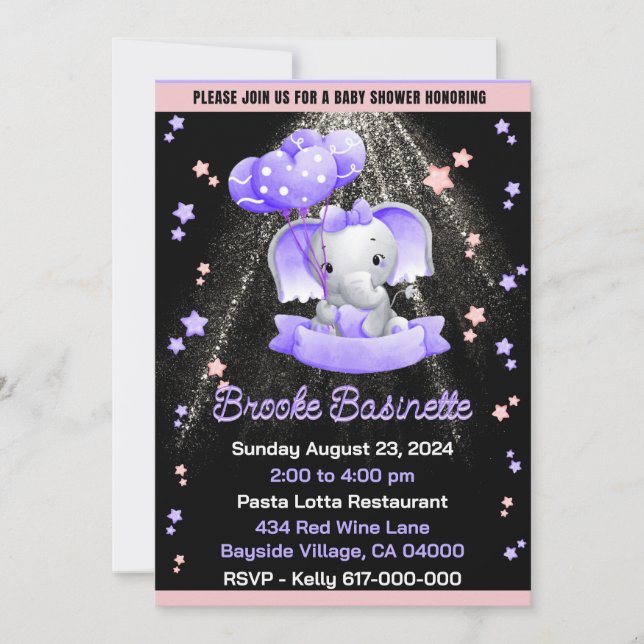 Invitación Chica Baby Shower Pink Purple Silver Baby Elephant (Anverso)