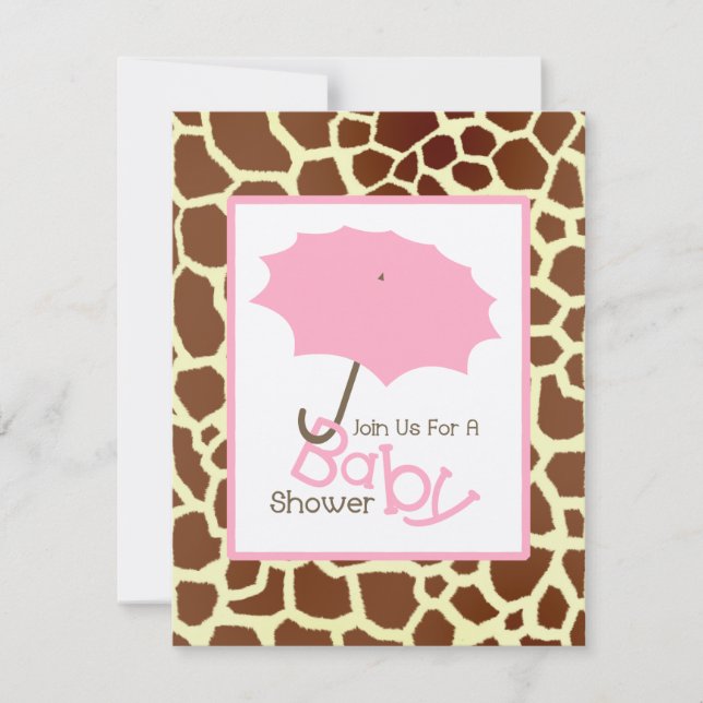 Invitación Chica Baby Shower - Pink Umbrella & Giraffe Print (Anverso)