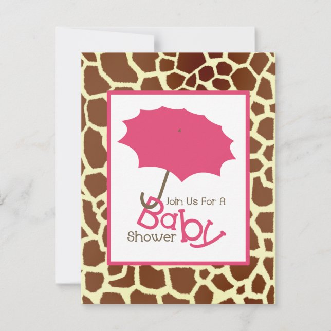 Invitación Chica Baby Shower - Pink Umbrella & Giraffe Print (Anverso)