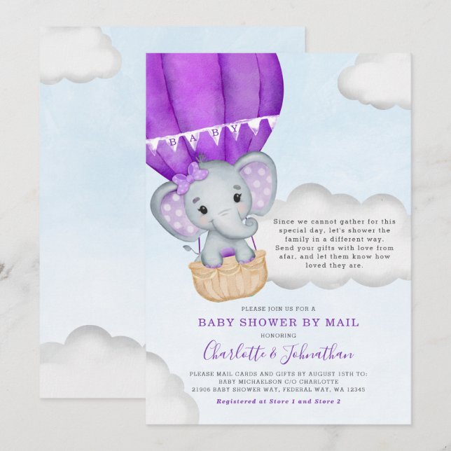 Invitación Chica Baby Shower Por Correo Elephant Purple (Anverso / Reverso)