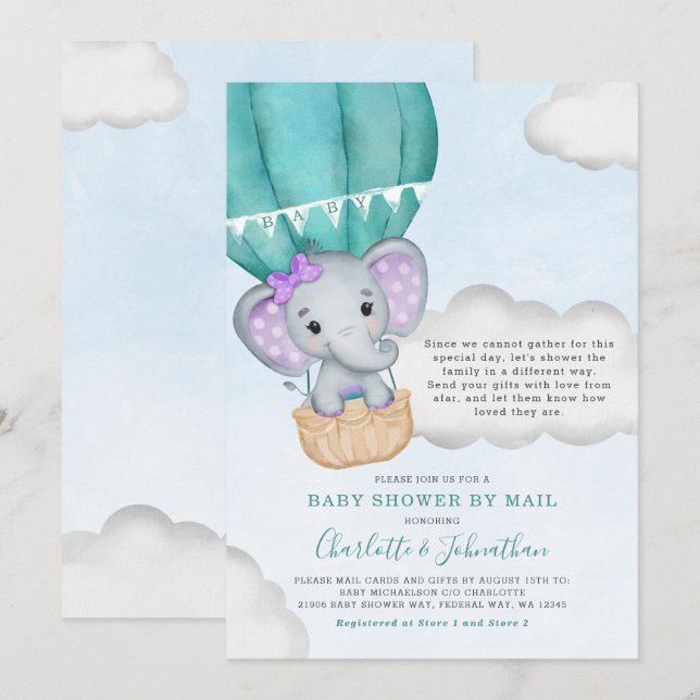 Invitación Chica Baby Shower Por Correo Purple Elephant (Anverso / Reverso)