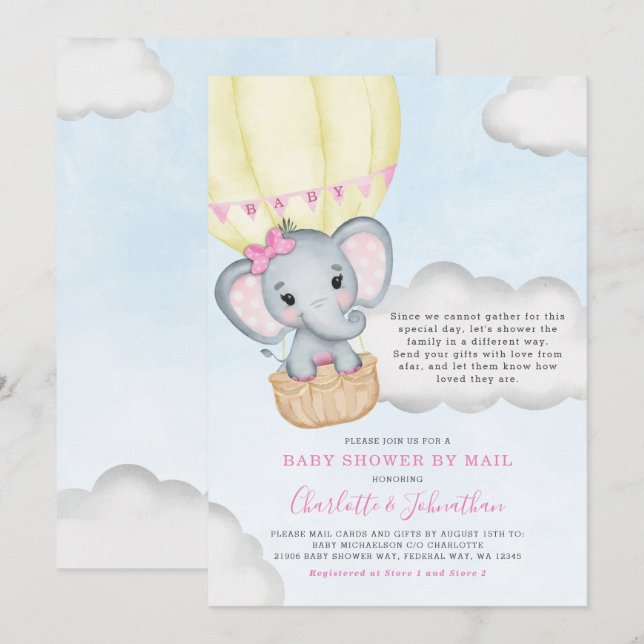 Invitación Chica Baby Shower Por Mail Pink Elephant (Anverso / Reverso)
