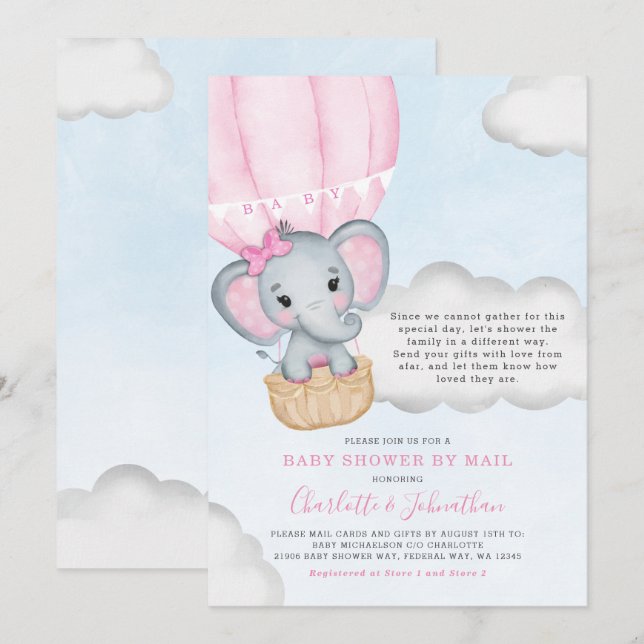 Invitación Chica Baby Shower Por Mail Pink Elephant (Anverso / Reverso)