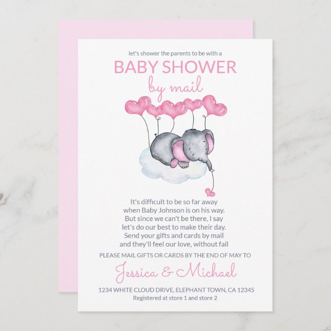 Invitación Chica Baby Shower por Mail Pink Elephant en la nub (Anverso / Reverso)