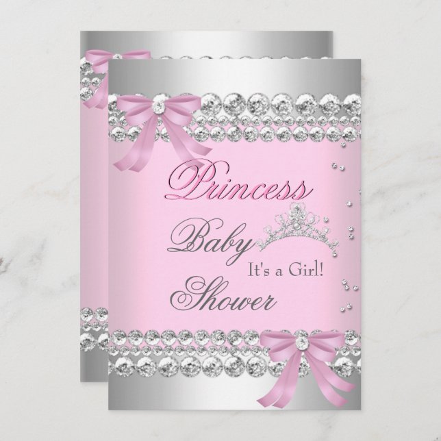 Invitación Chica Baby Shower Princesa Blanca Rosa Tiara 2 (Anverso / Reverso)
