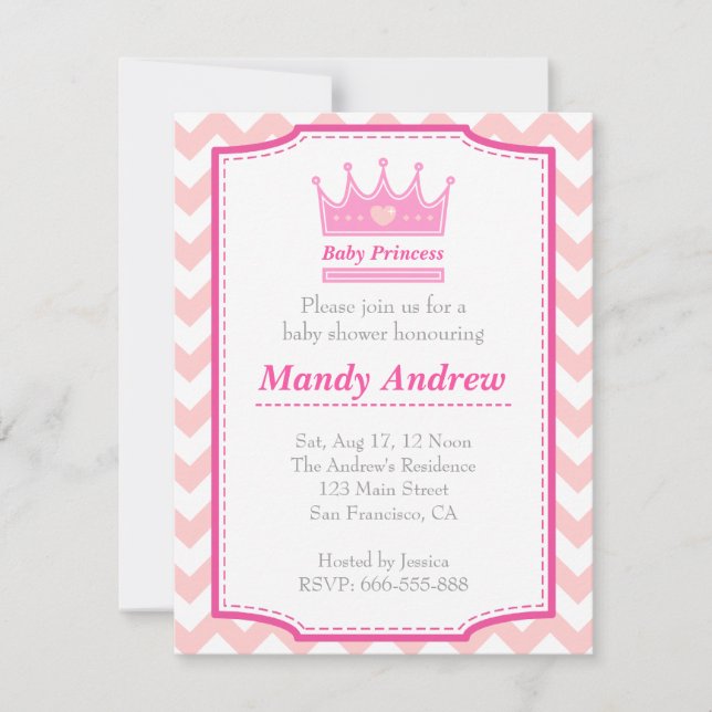 Invitación Chica Baby Shower - Princesa Rosa con Corona (Anverso)