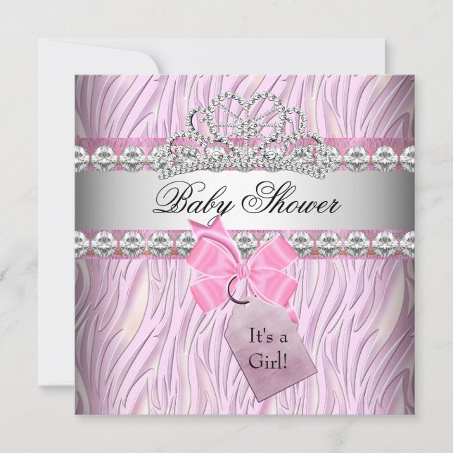 Invitación Chica Baby Shower Princesa Rosa Tiara Diamante (Anverso)