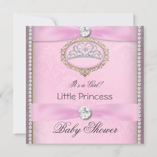 Invitación Chica Baby Shower Princesa Rosa Tiara Diamante 2 (Anverso)