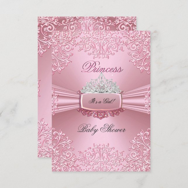 Invitación Chica Baby Shower Princesa Rosa Tiara encaje SML (Anverso / Reverso)