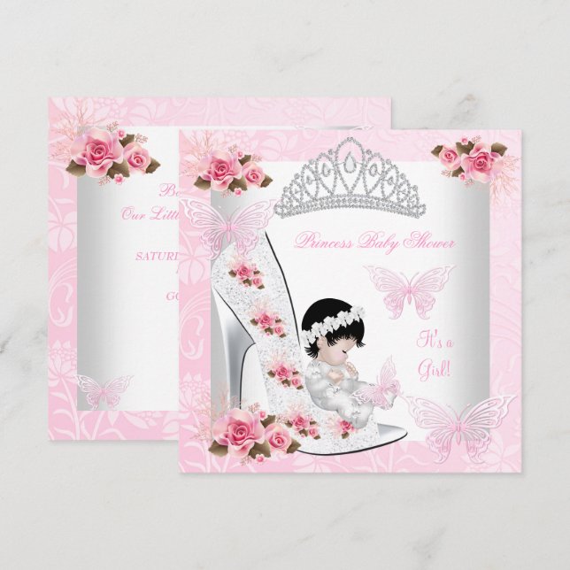 Invitación Chica Baby Shower Princess Butterfly Shoe Pink Ros (Anverso / Reverso)