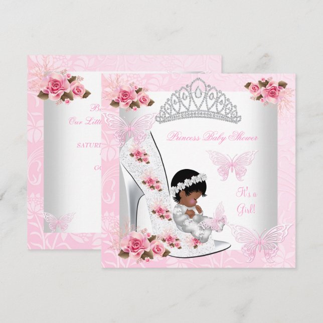 Invitación Chica Baby Shower Princess Butterfly Shoe Pink Ros (Anverso / Reverso)