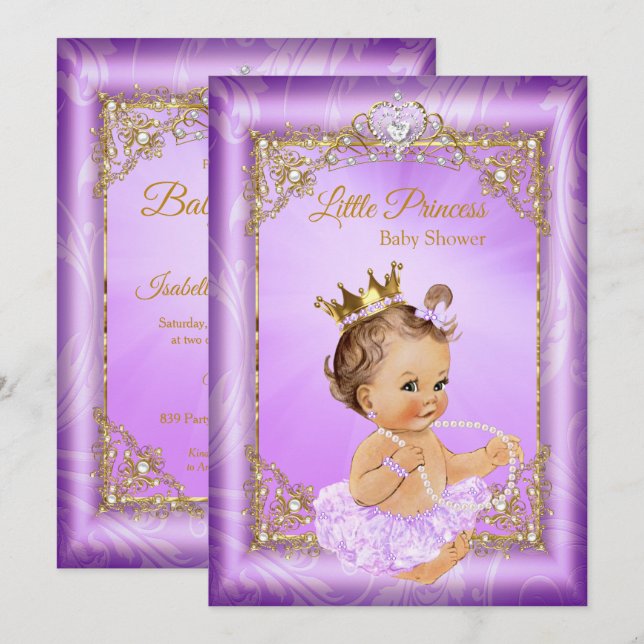 Invitación Chica Baby Shower Purple Gold Princess (Anverso / Reverso)