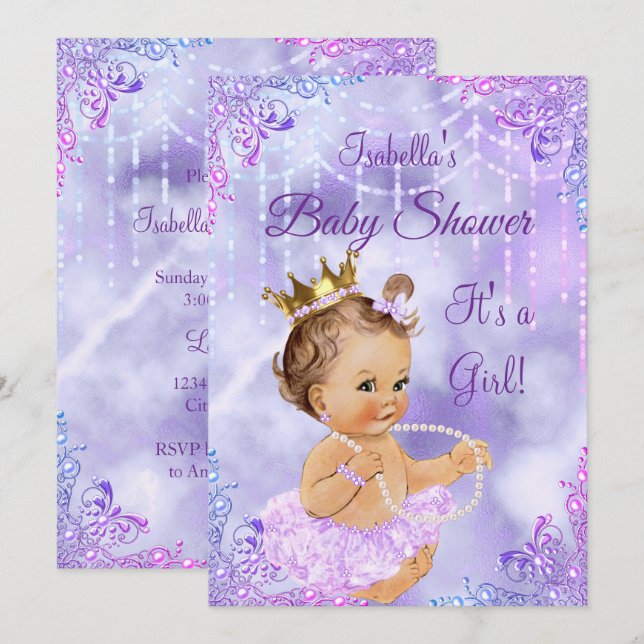 Invitación Chica Baby Shower Purple Lilac Pearl Brunette (Anverso / Reverso)