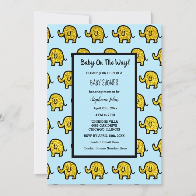 Invitación Chica Baby Shower Purpurina de oro animal elefante (Anverso)