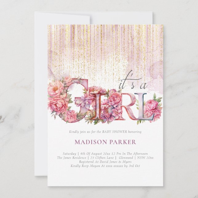 Invitación Chica Baby Shower Purpurina de oro rosa floral (Anverso)