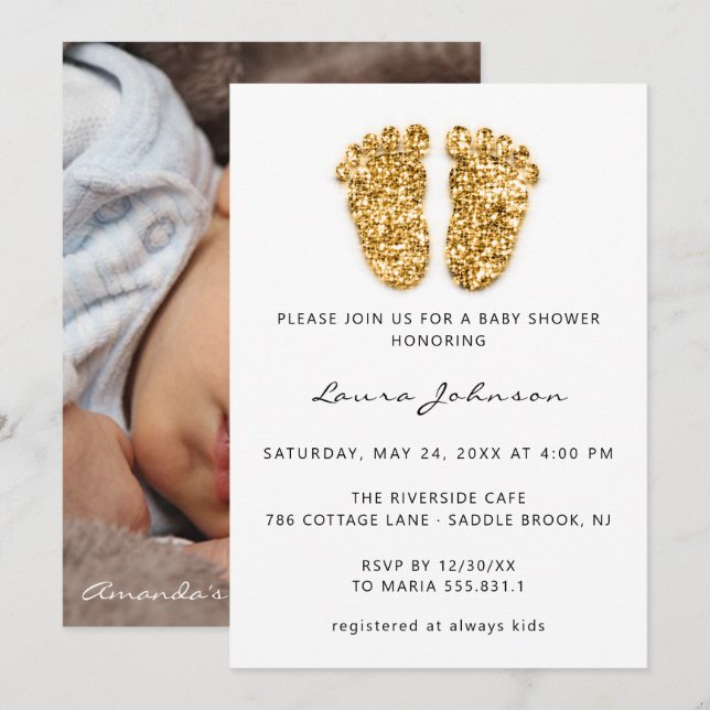 Invitación Chica Baby Shower Purpurina de pies de niño foto o (Anverso / Reverso)