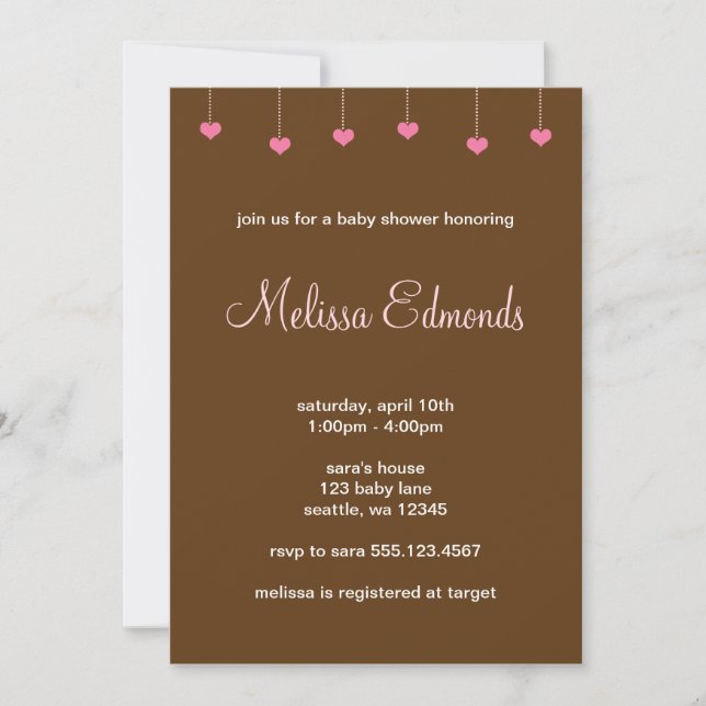 Invitación Chica Baby Shower que cuelga corazones rosados (Anverso)