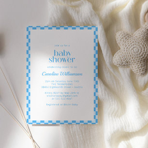 Invitación Chica Baby Shower Retro Cuadro Azul Blanco