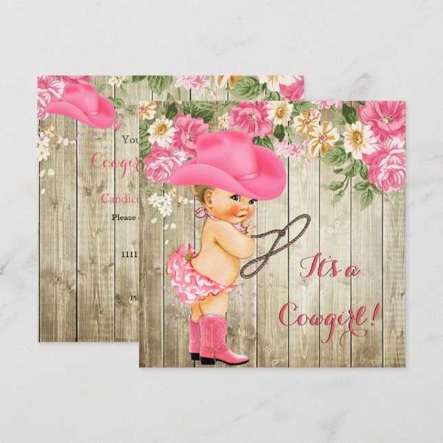 Invitación Chica Baby Shower Rosa Boots Floral Bebé Floral (Anverso / Reverso)