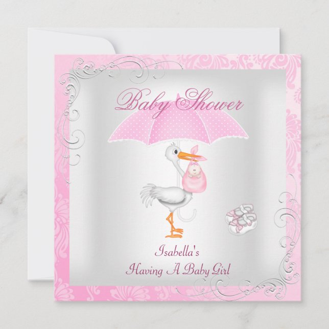 Invitación Chica Baby Shower rosa Damasco de paraguas (Anverso)