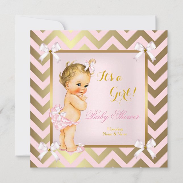Invitación Chica Baby Shower Rosa Gold Chevron Blonde (Anverso)