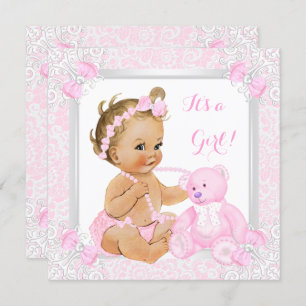 Invitación Chica Baby Shower rosa Lace Bear Blona bebé