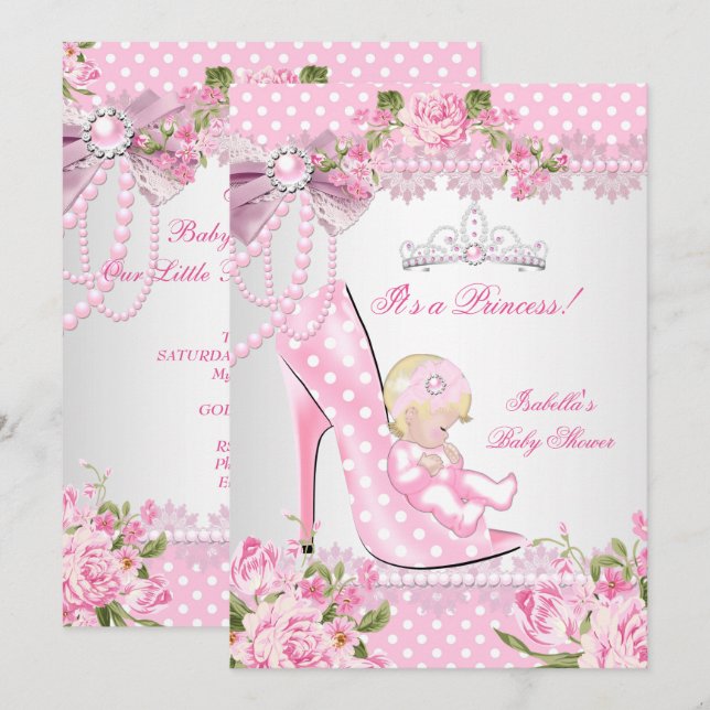 Invitación Chica Baby Shower Rosa Rosa Polka puntos altos tal (Anverso / Reverso)