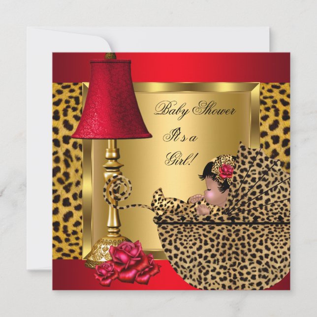 Invitación Chica Baby Shower Rosas Red Gold Leopard Pram AA (Anverso)
