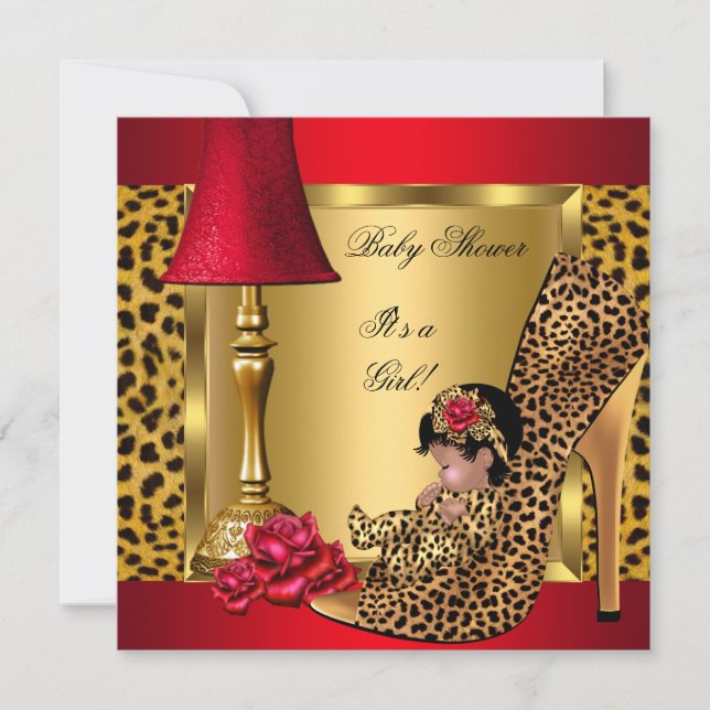 Invitación Chica Baby Shower Rosas Red Gold Leopard Shoe AA (Anverso)