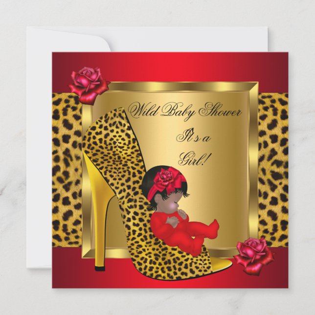 Invitación Chica Baby Shower Roses Red Roses Gold Wild Leopar (Anverso)