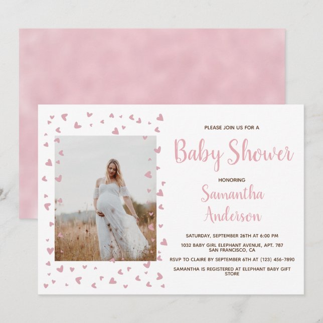 Invitación Chica Baby Shower Rubor Elegant Photo (Anverso / Reverso)
