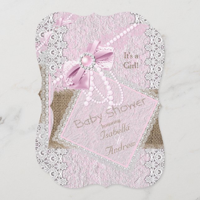 Invitación Chica Baby Shower Rustic Bow Pearl 2 (Anverso / Reverso)