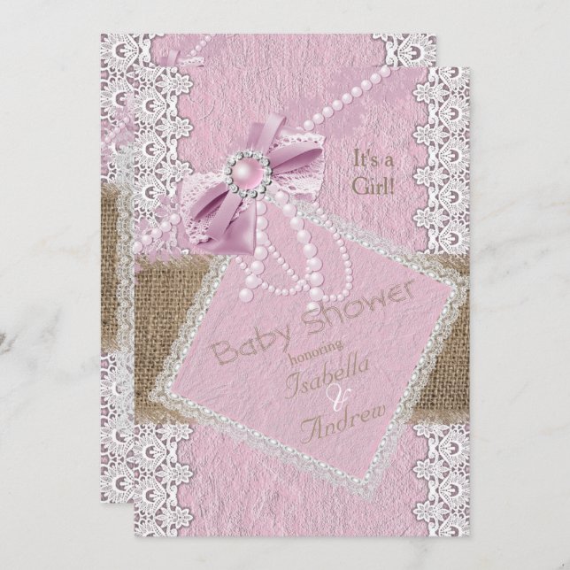 Invitación Chica Baby Shower Rustic Bow Pearl Lace Burlap (Anverso / Reverso)