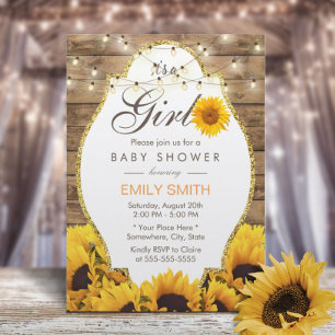 Invitación Chica Baby Shower Rustic Sunflowers String Lights