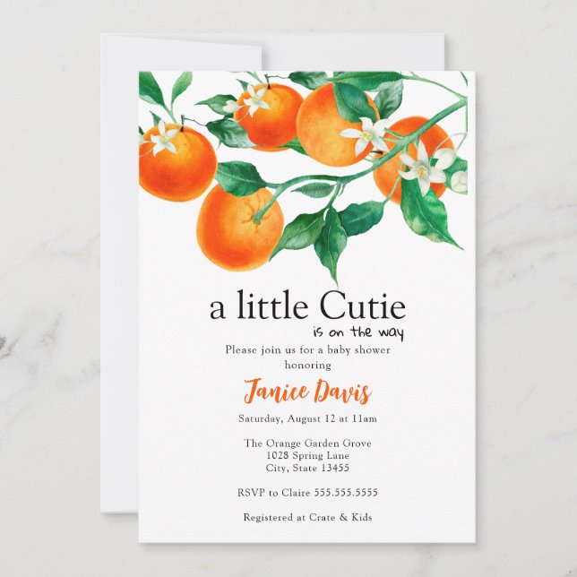 Invitación Chica Baby Shower Set, Pequeño Bebé Cutie, Naranja (Anverso)