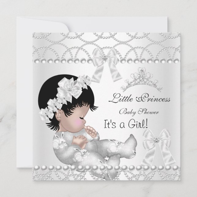 Invitación Chica Baby Shower Silver White Tiara (Anverso)