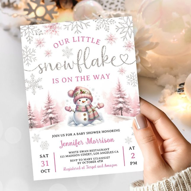 Invitación Chica Baby Shower Snowflake Plata rosa (Subido por el creador)