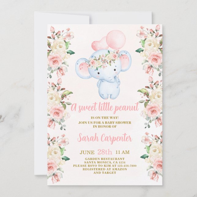 Invitación Chica Baby Shower sobre elefante floral rosa Rubor (Anverso)
