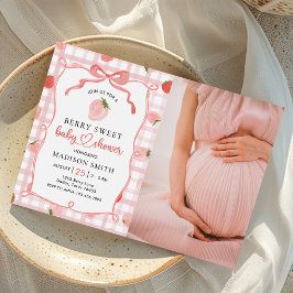 Invitación Chica Baby Shower Strawberry Pink Gingham