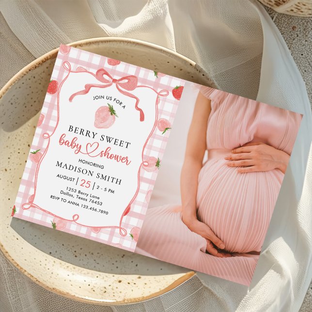 Invitación Chica Baby Shower Strawberry Pink Gingham (Subido por el creador)
