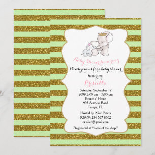 Invitación CHICA Baby Shower, tira,menta,purpurina,elefantes