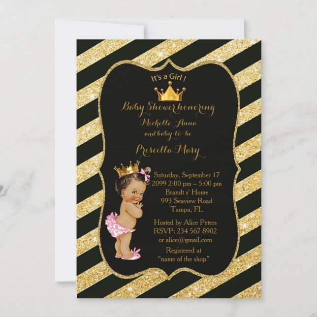 Invitación CHICA Baby Shower, tiras doradas, oro negro v2 (Anverso)