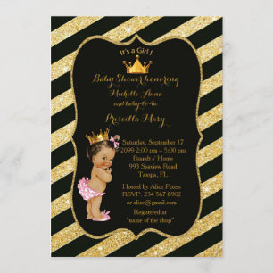 Invitación CHICA Baby Shower, tiras doradas, oro negro v2