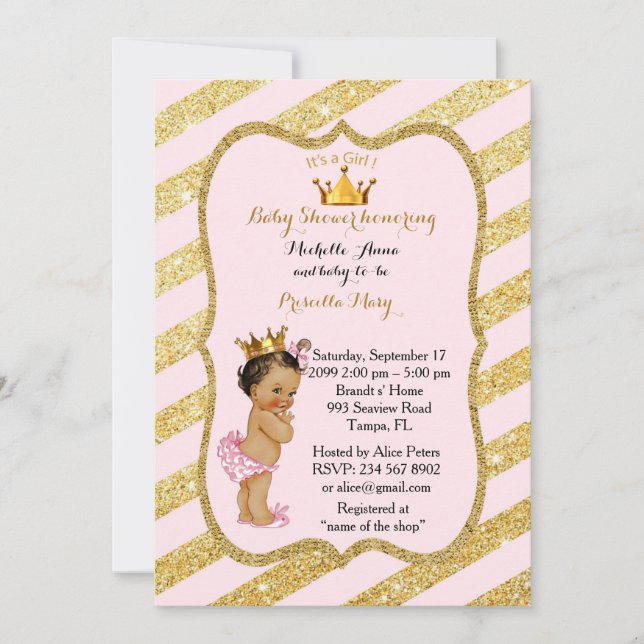 Invitación CHICA Baby Shower, tiras doradas, oro rosa rubor v (Anverso)
