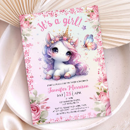 Invitación Chica Baby Shower Unicornio Morado Rosa