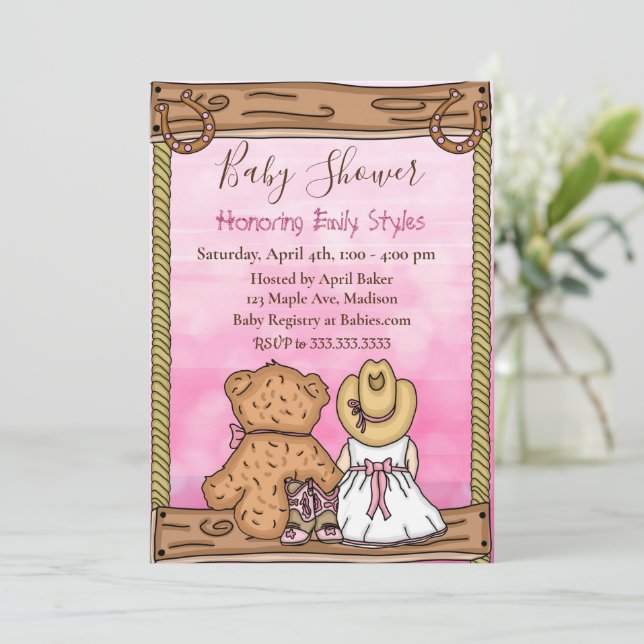 Invitación Chica Baby Shower | Vaquera y Oso de Teddy (Anverso de pie)