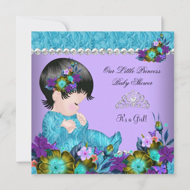Invitación Chica Baby Shower Verde azulado Azul morado 2 (Anverso)