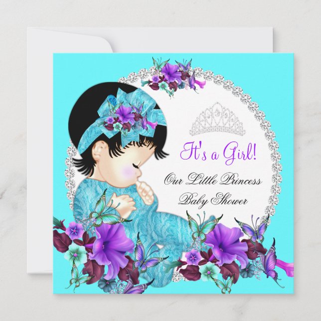 Invitación Chica Baby Shower Verde azulado Azul morado D2 (Anverso)